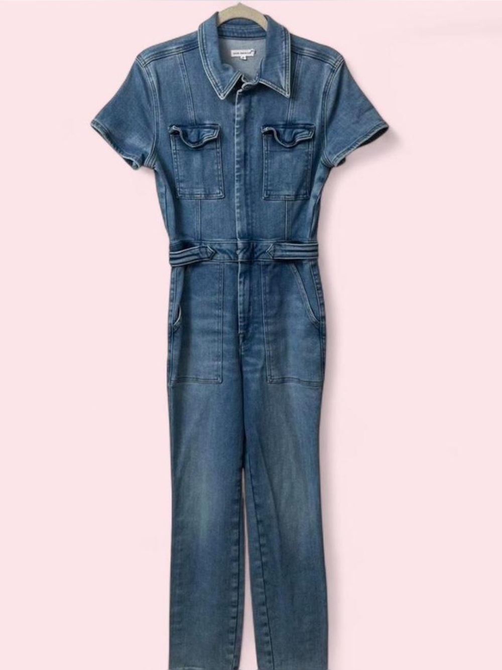 Good American Blue Denim Short-Sleeve Jumpsuit
